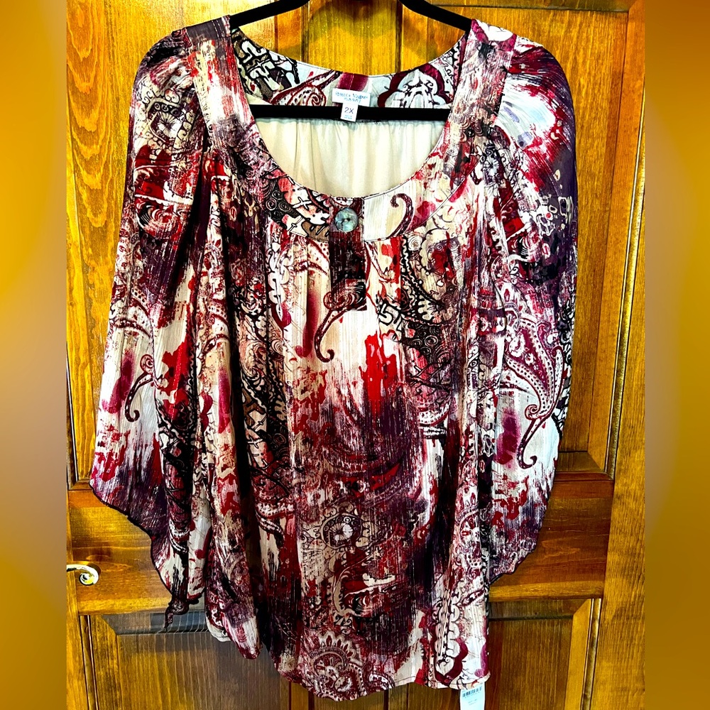 Rebecca Malone NWT 2X Burgundy and cream peasant Top